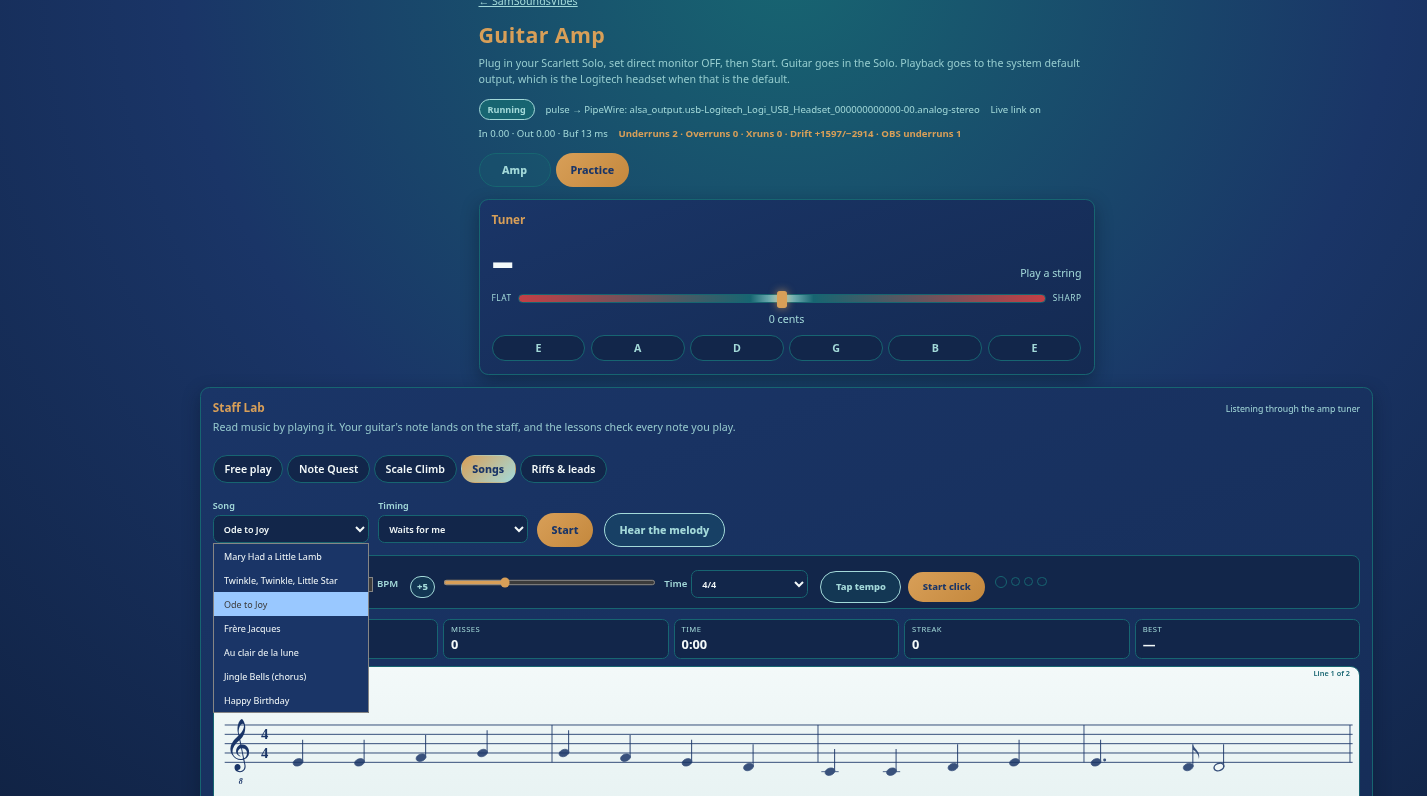 Staff Lab song picker with Ode to Joy selected above a treble staff