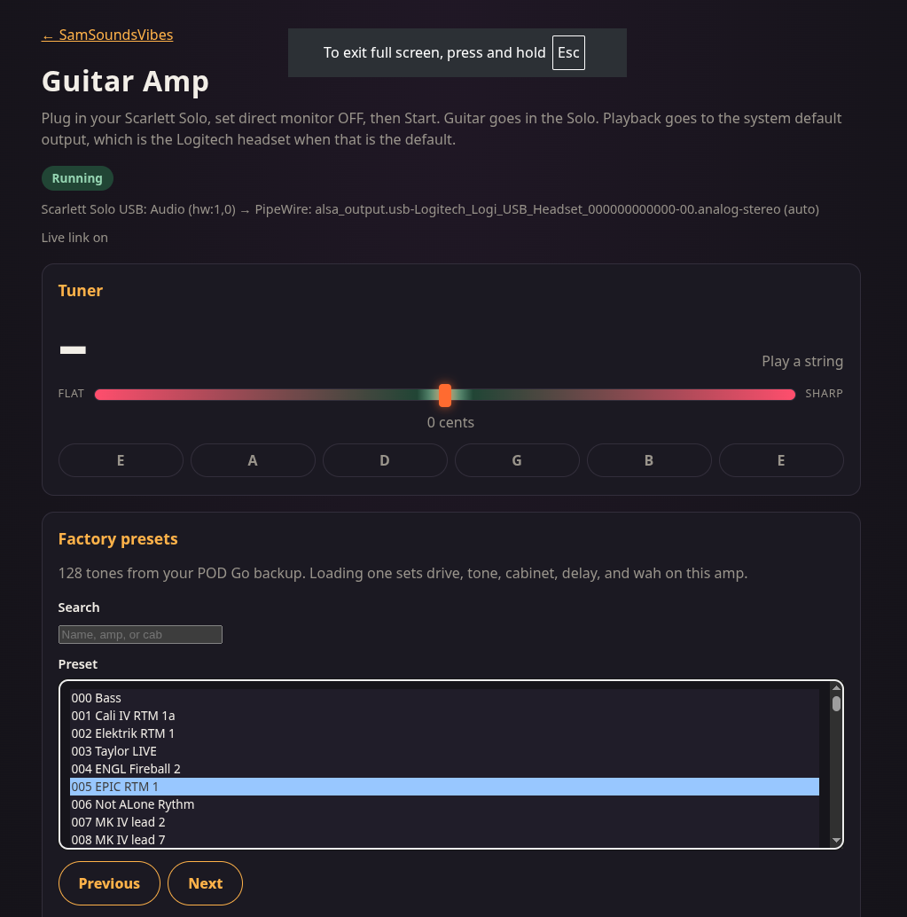 Guitar amp screen showing the tuner and the factory preset list, with EPIC RTM 1 selected