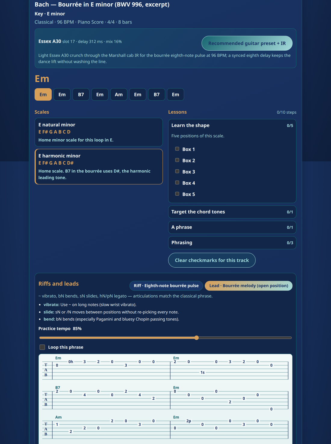 Practice screen for Bach Bourrée in E minor, with the chord loop and the start of the guitar tab