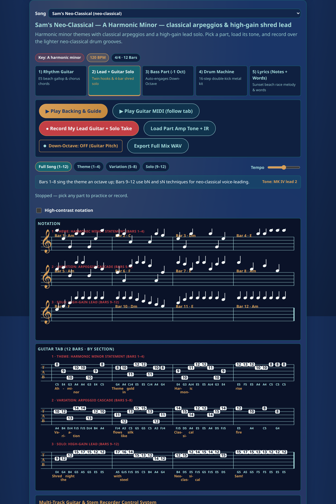 Song Studio open on Sam's Neo-Classical, lead part selected, with notation and guitar tab