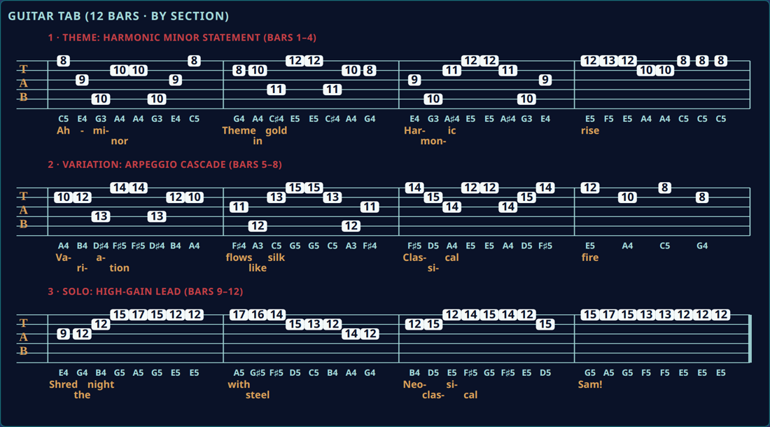 Guitar tablature for Sam's Neo-Classical, theme, arpeggio variation, and high-gain lead solo