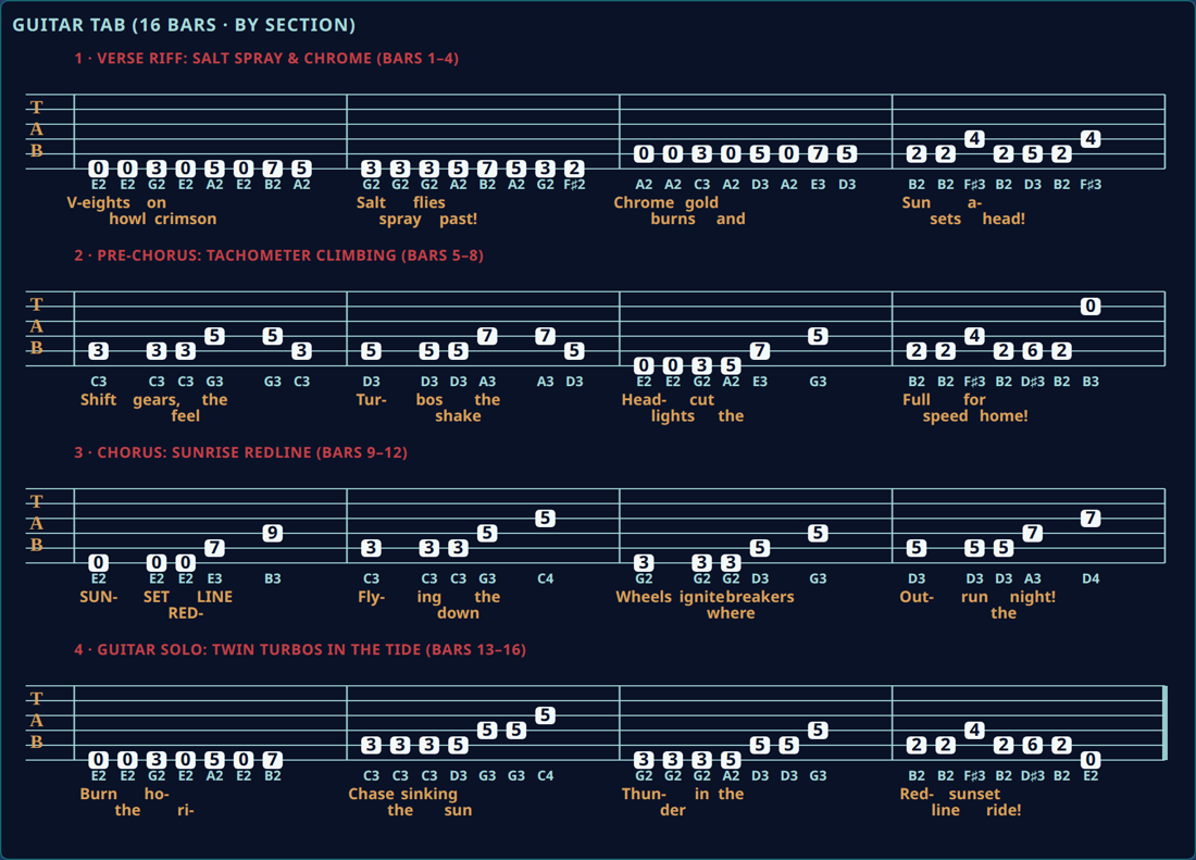 Guitar tablature for Sunrise Redline, verse through guitar solo, with lyrics under the tab